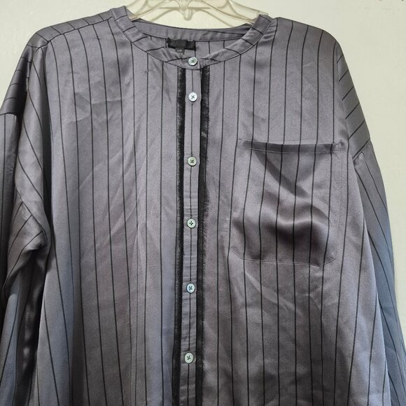 ATM Grey Silk Striped Tuxedo Pajama Blouse Size L Designer WorkMenswearInspired - Picture 3 of 16